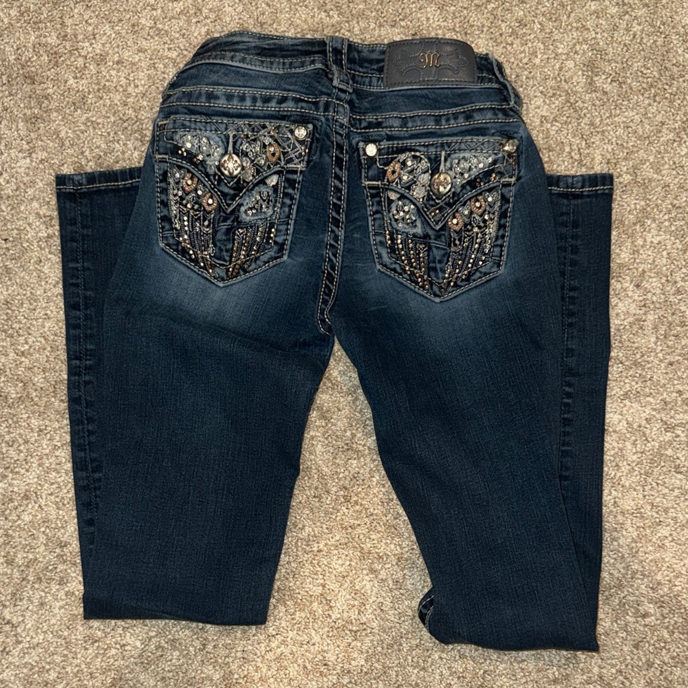 Miss Me Dark Blue Boot Cut Jeans with Embellished Pockets
